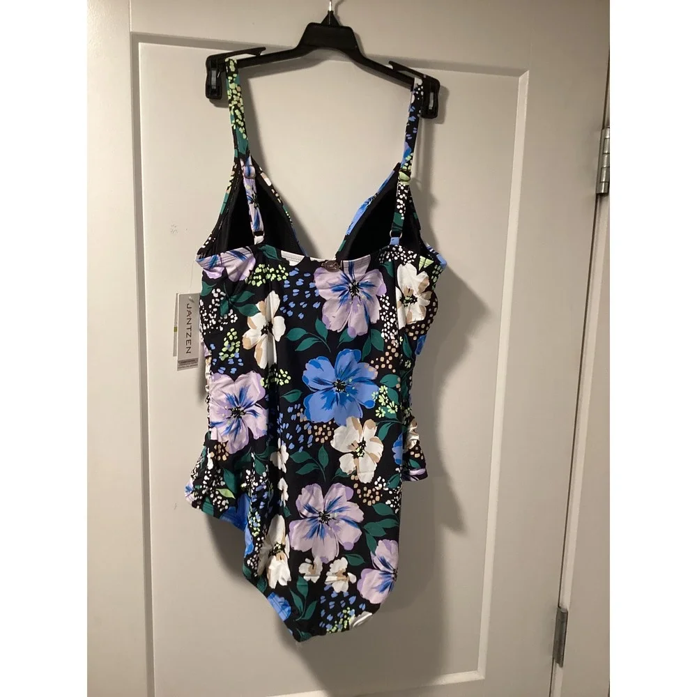 Jantzen Womens Floral Breeze‎ One Piece Swimsuit Tummy Control Black Blue 14 NEW
